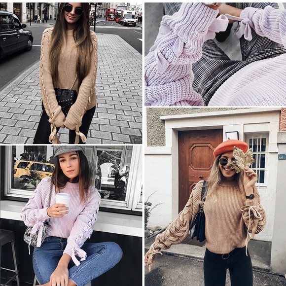 Lace Up Sleeve Knit Tan Sweater - Picture 4 of 8